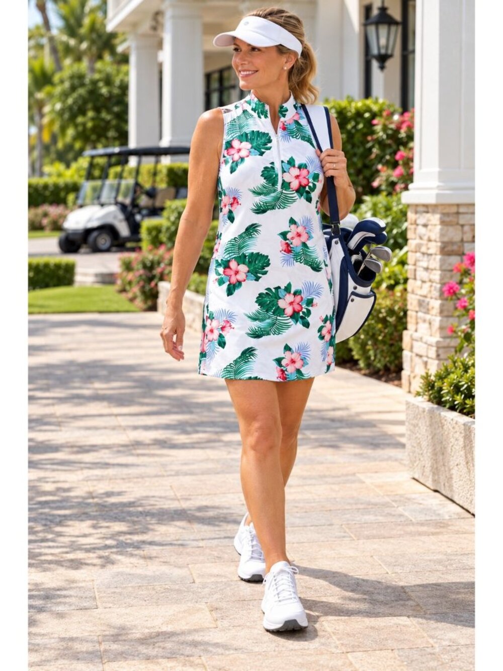 Tommy Bahama IslandZone Tropical Hibiscus Golf Dress White Sleeveless 1/4 Zip S